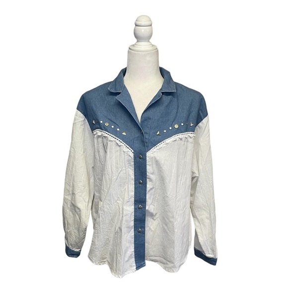 Vintage GW Graff Denim White Studded Western Cottage Button Up Blouse Large - Picture 1 of 6